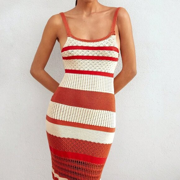 Red Casual Women's Color-Block Crochet Fringe Bodycon Chic Boho Dress - Picture 5 of 6